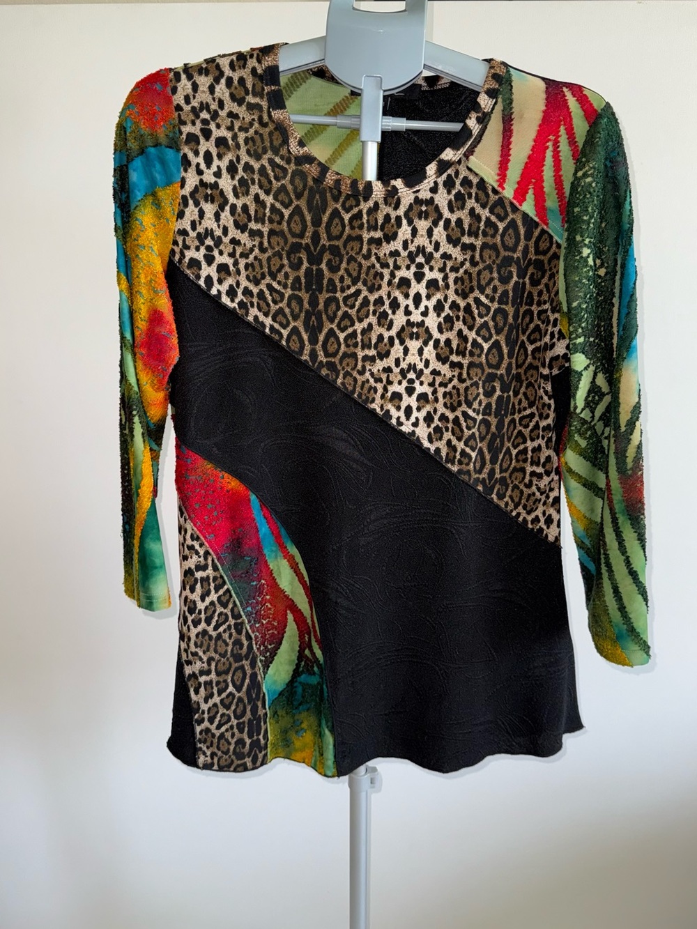 Calessa Women's M Leopard Animal Print Mixed Media Boho Tunic Top